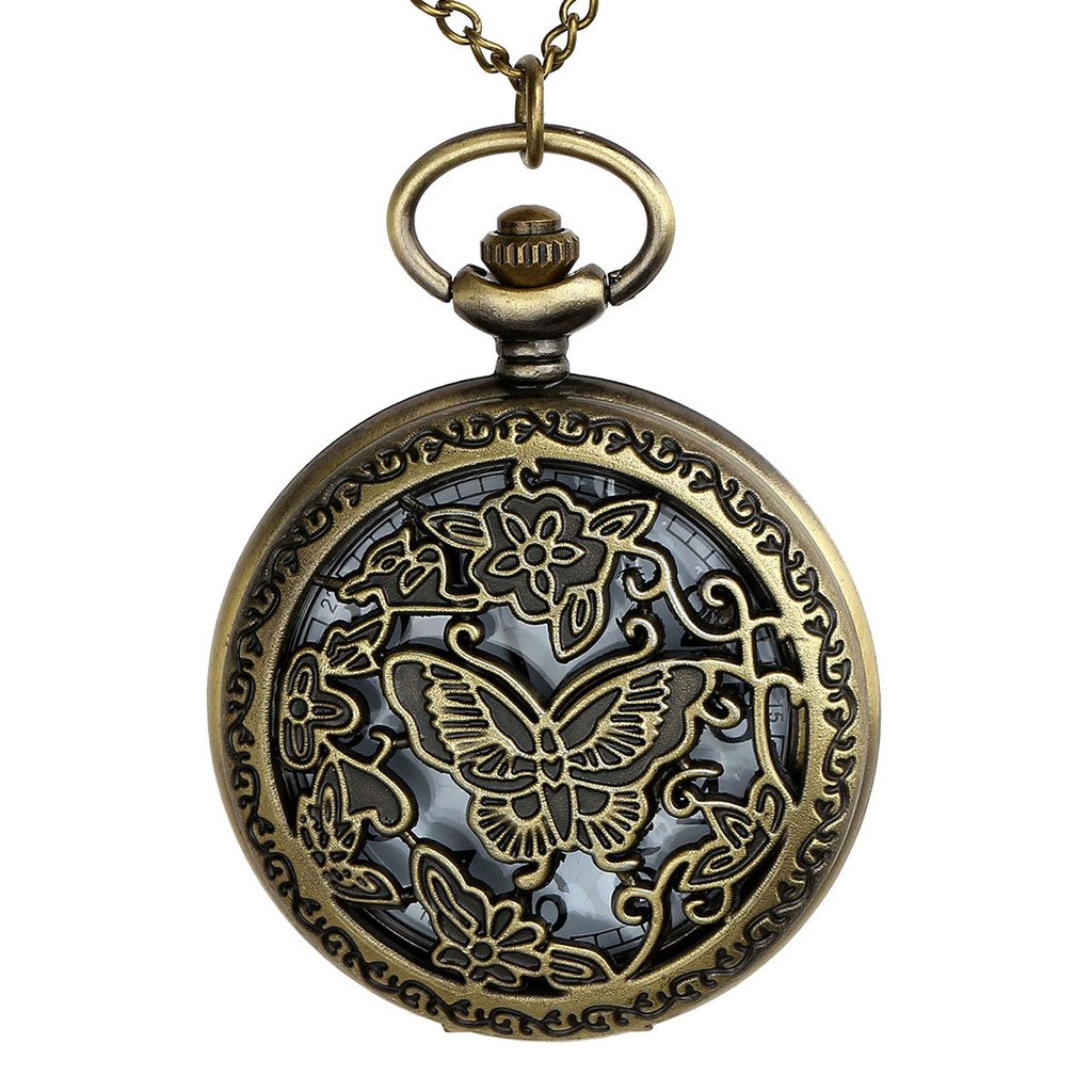 Top Plaza Vintage Bronze Antique Unisex Hollow Butterfly Carving Arabic Numeral Scale Quartz Pocket Watch with Chain