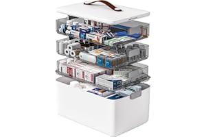 funest 4-Tier Medicine Storage Box Cabinet, Empty First Aid Kit Portable Medical Supply Organizer with Leather Handle for Hom