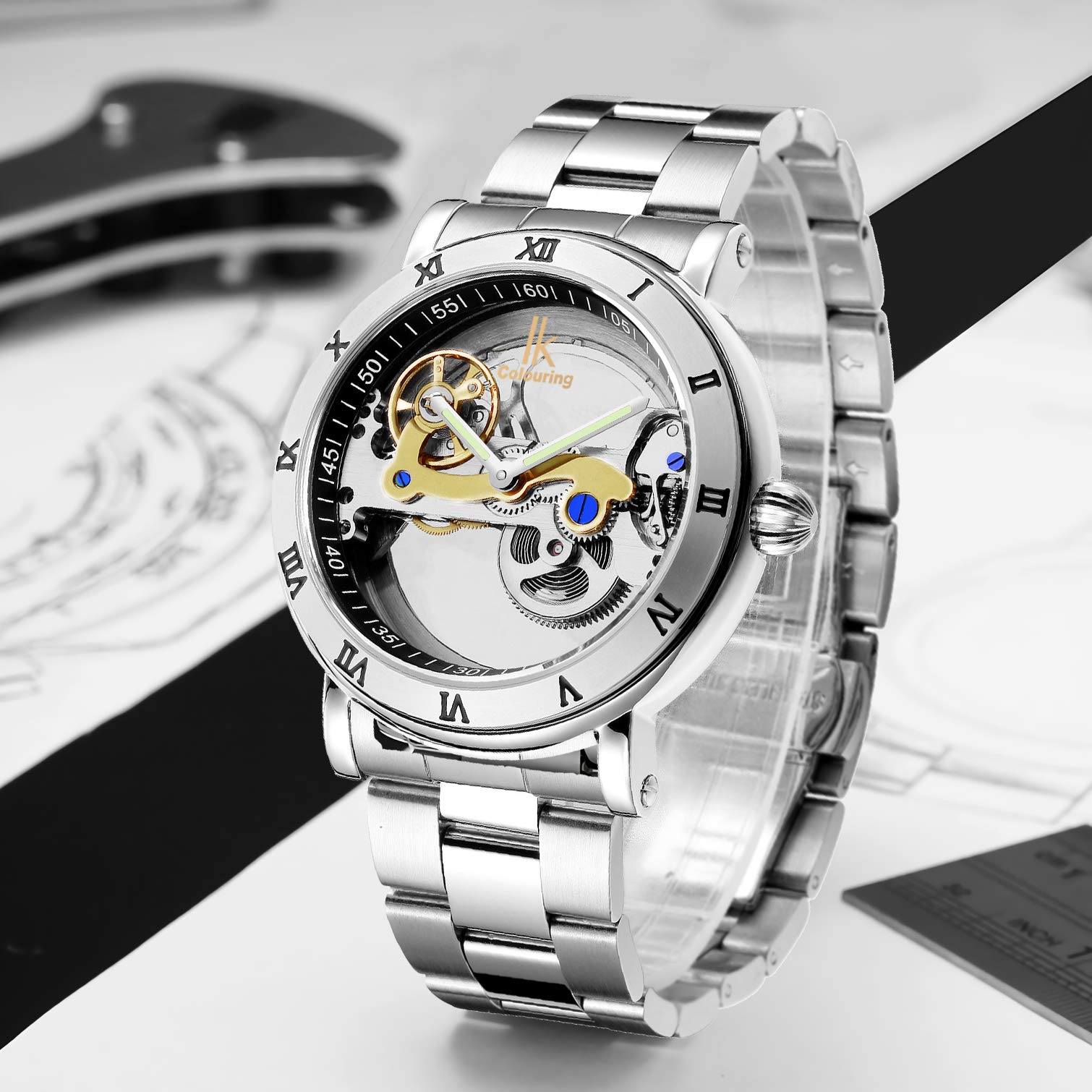 Gute Men's Watches, Mechanical Automatic Self-Winding Waterproof Watch, Luxury See Through Hollow-Out Minimalist Transparent Steampunk Roman Numerals Silver Case Wrist Watch