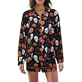 Argeousgor Womens Halloween 2 Piece Pajamas Sets Pumpkin Skull Print Long Sleeve Button Down Shirt and Shorts Y2k Sleepwear