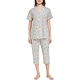 Tugege Capri Pajamas Set Womens Button Down Short Sleeve Lounge Sets Sleepwear Notch Collar Top & Capri 2 Piece PJ Sets