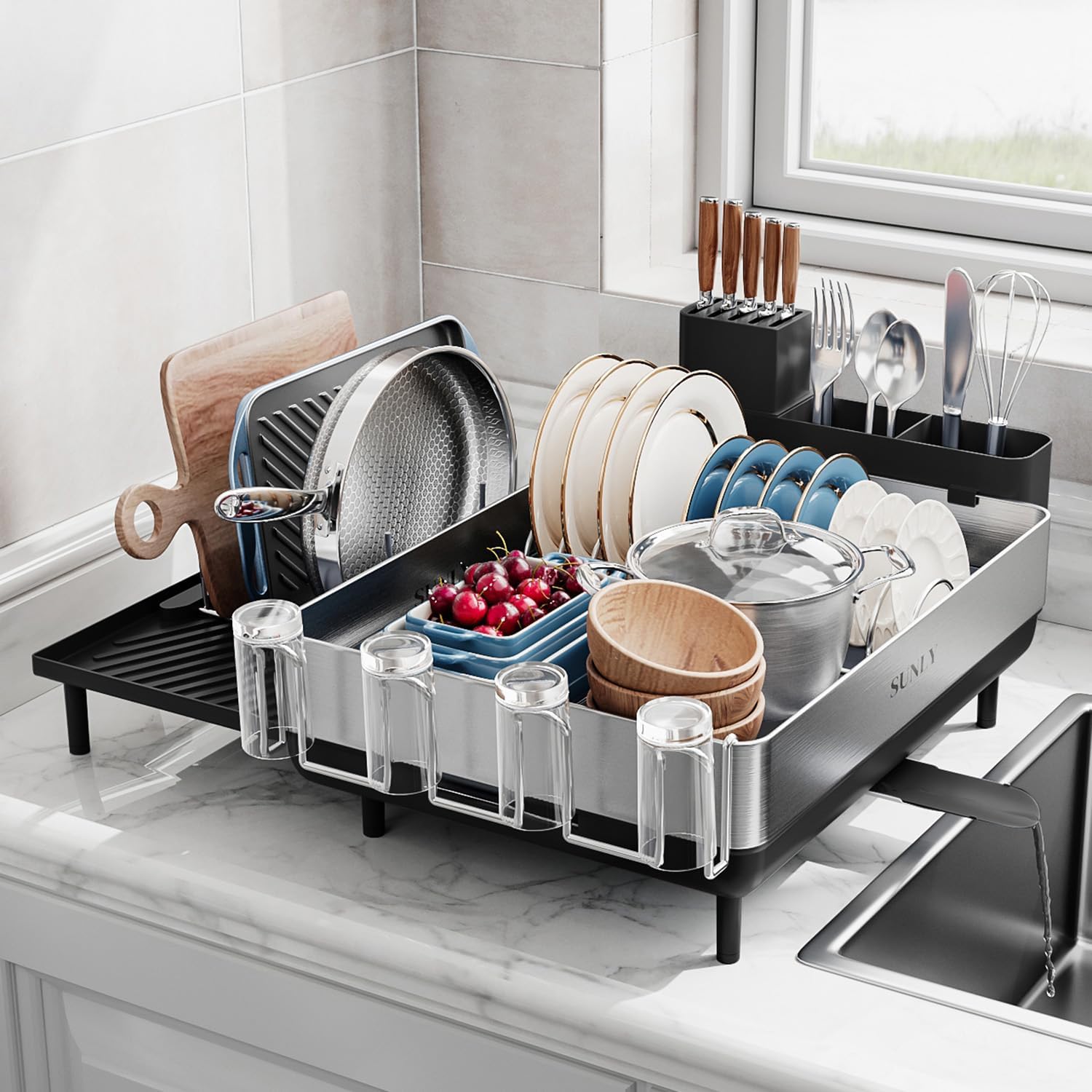 Photo 1 of SUNLY Large Dish Drying Rack, Expandable Dish Racks for Kitchen Counter, Space Saving 304 Stainless Steel Drying Rack Kitchen, Extra Large Drainer with Multifunctional Flip Up Pegs, Black
