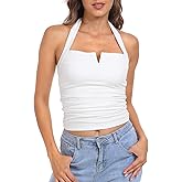 HDE Women's Halter Top with Built in Bra Ruched Backless Basic Summer Tops