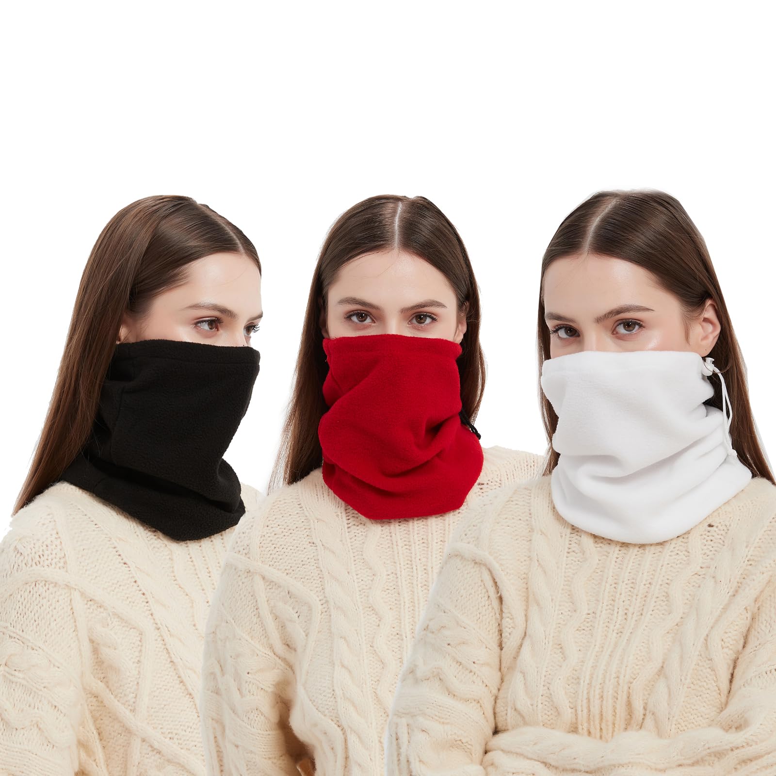 Golden Apple 3PCS Winter Sport Warmer Neck Gaiter Fleece Face Mask Skiing Cycling Windproof Balaclava Scarf For Men Women (Black+White+Red)