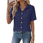 Rapbin Womens Short Sleeve Button Down Shirts Casual V Neck Collared Blouses Work Tops