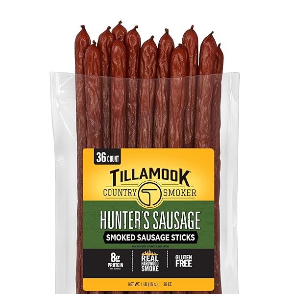 TILLAMOOK COUNTRY SMOKER REAL HARDWOOD SMOKED SAUSAGES, HUNTER’S SAUSAGE MEAT STICKS, LOW CARB, HIGH PROTEIN, READY TO EAT SNACKS, 36 COUNT BULK PACK