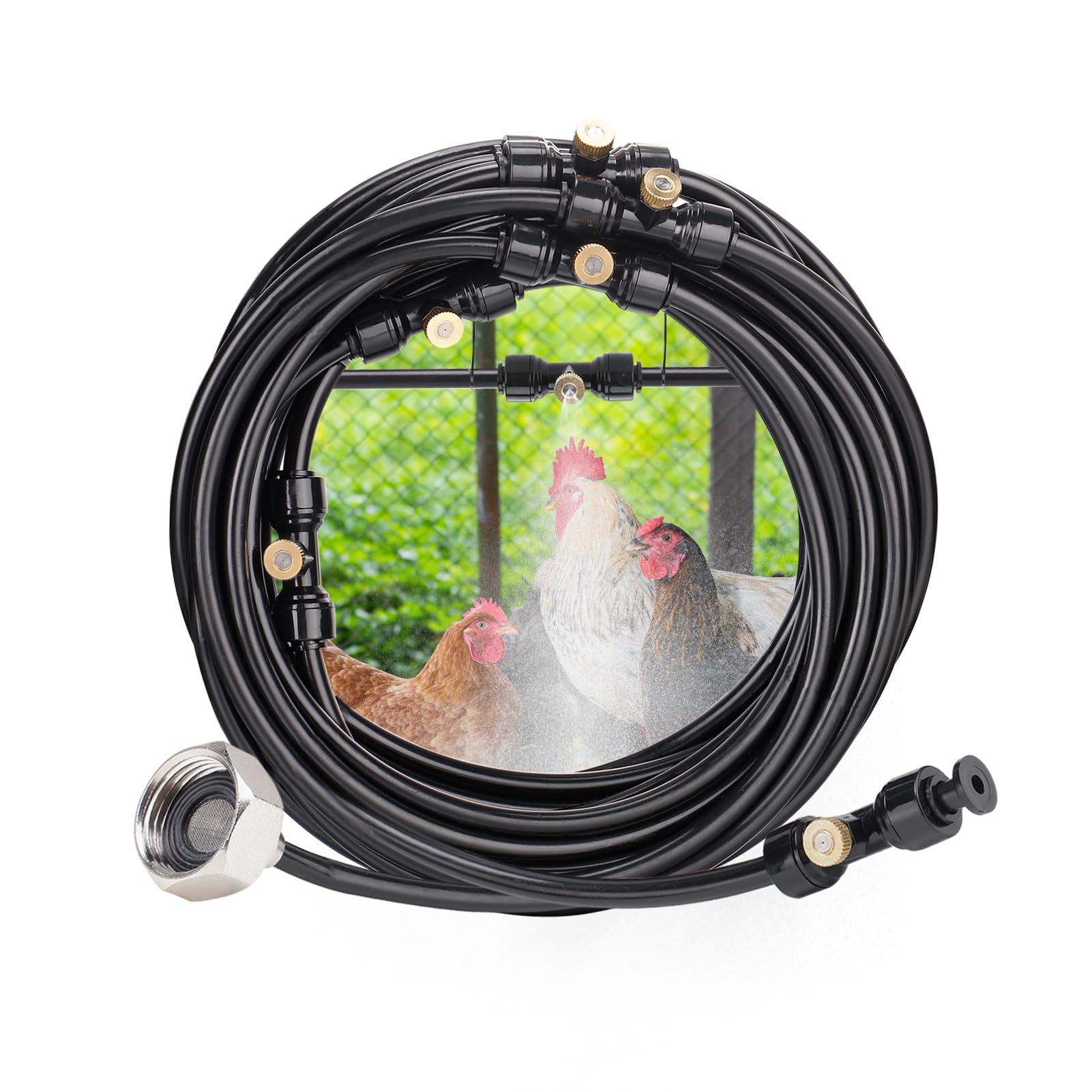 Photo 1 of Chicken Coop Cooling System for Poultry - Pre-Installed No Leakage Misting Hose with 26FT Line 7 Nozzles 3/4" Adapter, Chicken Coop Accessories for Summer Heat Backyard Garden