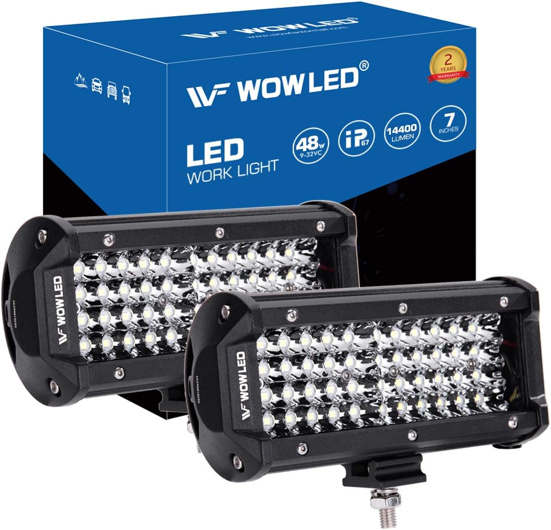 WOWLED Spot Work Lights, 2Pcs 7" 4 Rows LED 14400LM 6000K Waterproof Off Road Driving Lights for Camp Trucks 12V 24V