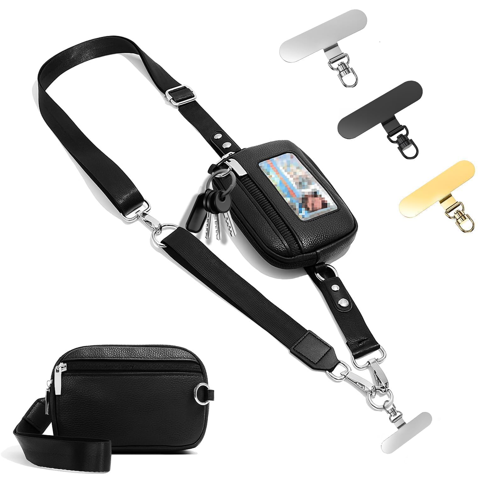 MOLOPPO Clip and Go Strap for Phone with Leather Wallet Crossbody Phone Lanyard Adjustable and Detachable, Including 2 Phone Clips and Wristlet/Wallet with ID Window and Zipper,Black