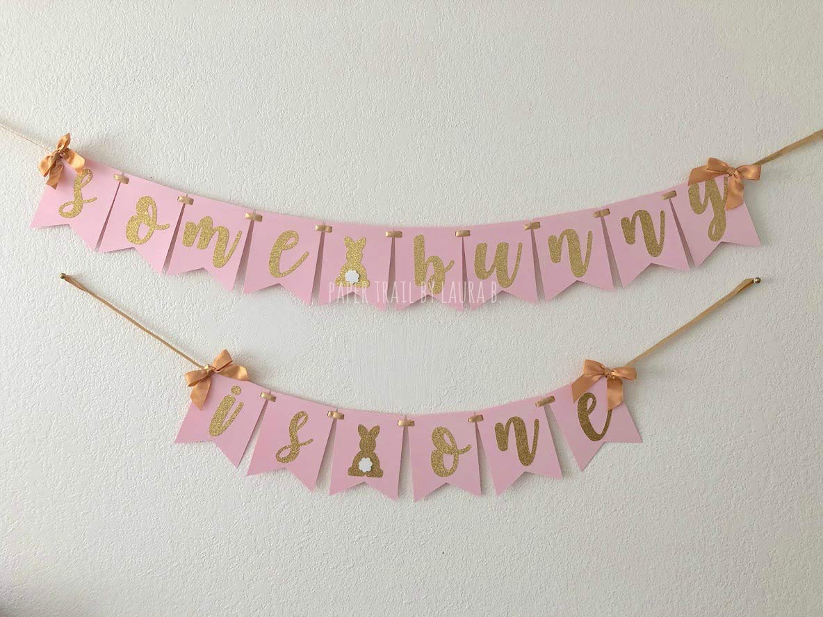 Amazon Com Some Bunny Is One Birthday Banner In Pink And Gold