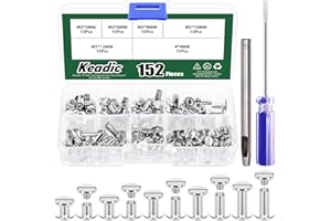 Keadic 152Pcs 5 Sizes Chicago Screws Assortment Set with Setting Tool, M5 x 5/6/8/10/12mm Flat Head Leather Rivets, Bookbindi