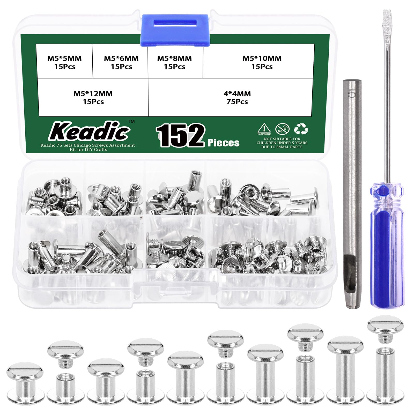 Keadic 152Pcs 5 Sizes Chicago Screws Assortment Set with Setting Tool, M5 x 5/6/8/10/12mm Flat Head Leather Rivets, Bookbinding Posts Nail Studs for Purse Collar Belt Shoes DIY (Silver)