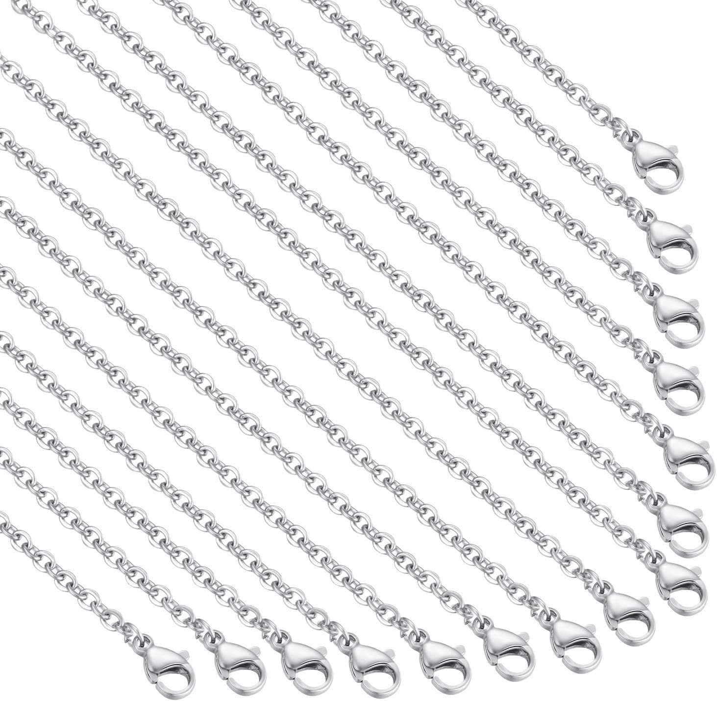 RMENOOR 20 Pack Necklace Chains Bulk Silver Plated Cable Chain Stainless Steel Fine Cable Chain Necklace Chains Bulk with Lobster Clasps for Jewellery Making (50 cm/19.68inch)