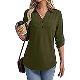 TICTICMISS Women's 3/4 Length Rolled Sleeve Tunic Tops Collared V Neck T Shirts Summer Casual Blouses 2026