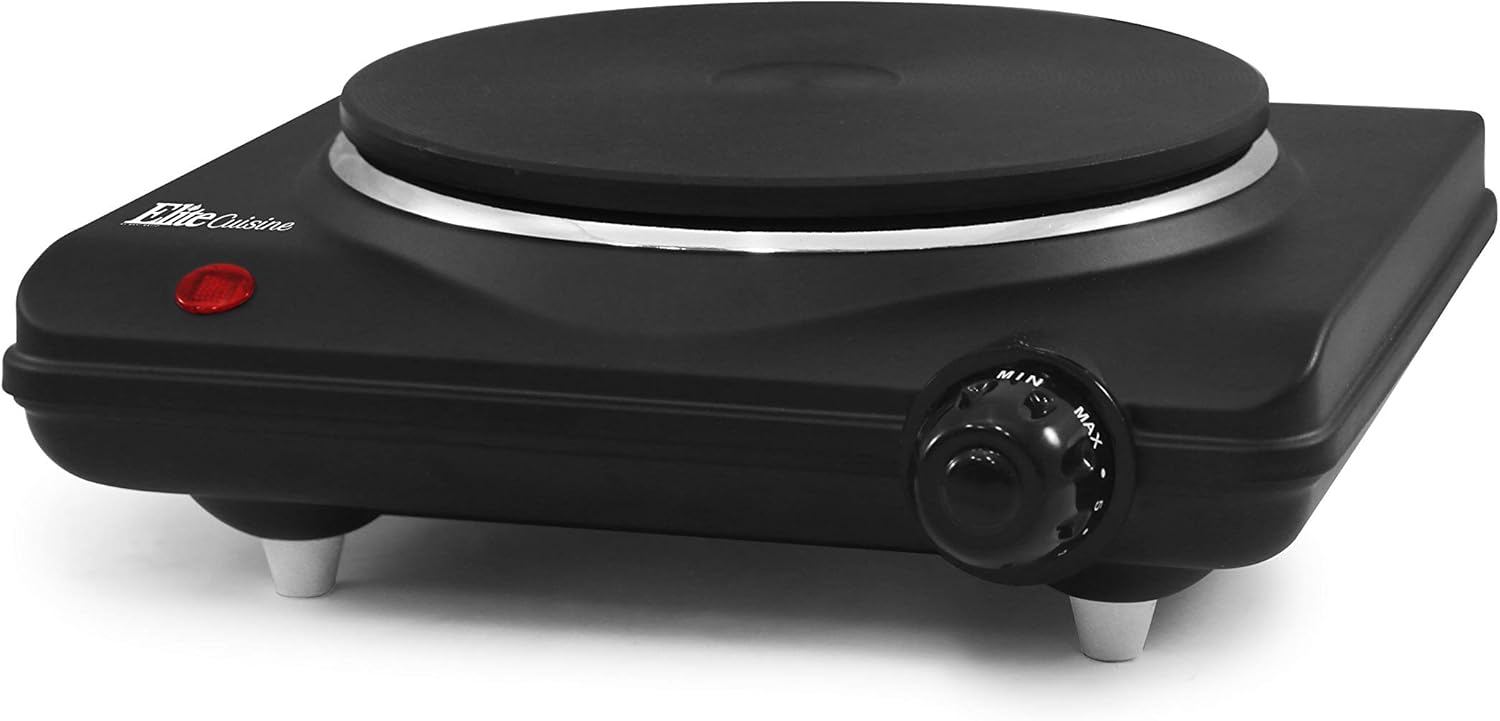 Elite Gourmet Single Electric Flat Cast Iron Heating Plate Burner Power Indicator Light, Non-Skid Feet, Easy To Clean, Black: Electric Countertop Burners: Kitchen & Dining