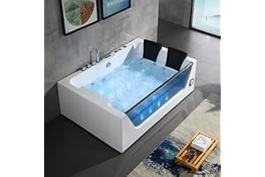 WhirlWell 71x47 in. Alcove Whirlpool Thermostatic Bathtub with Right Drain, Glass Front Panel, LED Lighting, Water Jets & Air