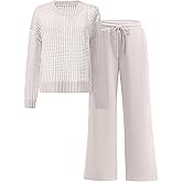 ANRABESS Womens 2 Piece Outfits Crochet Sheer Knit Sweater Top Wide Leg Pants Lounge Set Sweatsuit 2026 Spring Travel Clothes