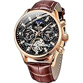 OLEVS Men's Watch Leather Skeleton Automatic Mechanical Tourbillon Calendar Moon Phase Luminous Waterproof Luxury Business Wristwatch