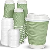 JarThenaAMCS 100Pcs Sage Green Disposable Coffee Cups with Lids Green Paper Cups Corrugated Ripple Wall Insulated Hot Cups for Home Office Party Supplies, 12oz