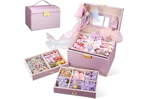 Loetere Hair Accessories Set for Girls 3 Layer Lint Hair Box Organizer 52 Girl Hair Accessories Princess Jewelry Play Set Christmas Girl Gift(Purple)