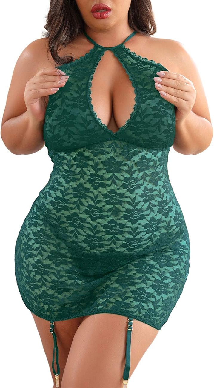 XAKALAKA Women's Halter Plus Size Lace Lingerie Keyhole Mesh Stretch Babydoll Chemise with Garters at  Women’s Clothing store
