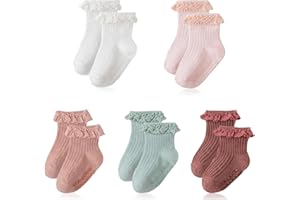 WVD 5 Pairs Baby Socks Girls Toddler Socks, Ruffle Baby Girls Toddler Socks with Grip, Cute Anti Slip Ruffle Socks Newborn So