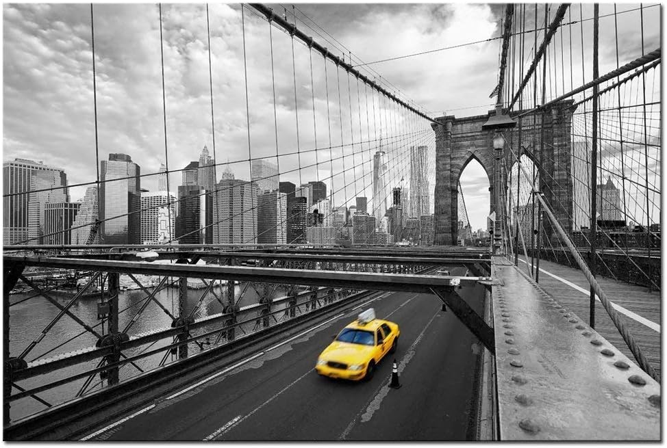 LevvArts - Modern Cityscape Canvas Wall Art,New York Yellow Taxi on The Brooklyn Bridge Picture Print on Canvas Painting,Framed and Ready to Hang