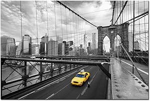LevvArts - Modern Cityscape Canvas Wall Art,New York Yellow Taxi on The Brooklyn Bridge Picture Print on Canvas Painting,Framed and Ready to Hang
