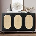 REVOMINCA Rattan Buffet Cabinet, Rattan 3 Doors Buffet Cabinet with Storage, 47'' Sideboard with Adjustable Shelf for Kitchen, Dining Living Room, Black
