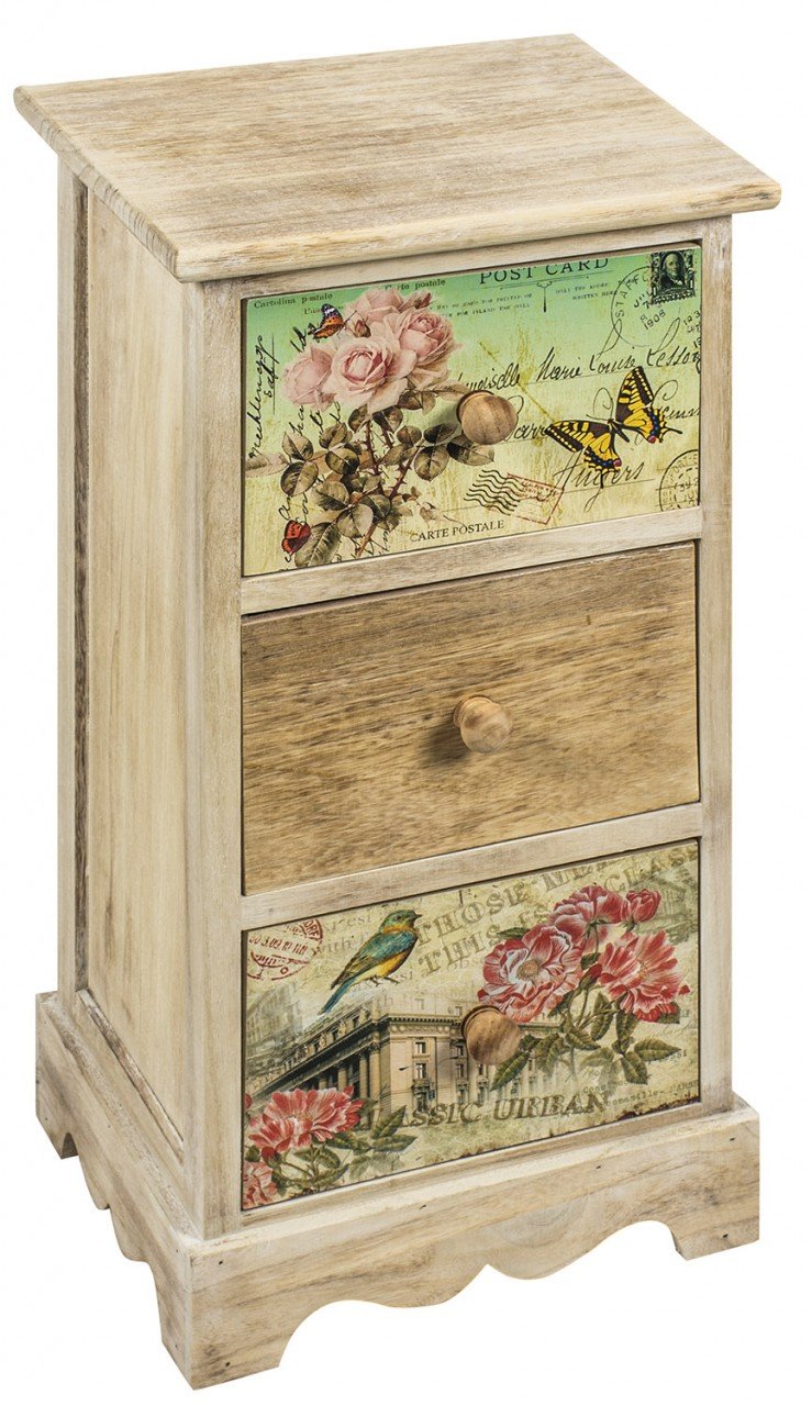 Pink Green Floral Wood Effect Bedside Table Unit 3 Drawer Chest