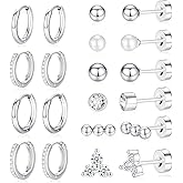 Yiokiy 10Pairs Cartilage Earrings for Women - Hypoallergenic Surgical Steel Flat Back Stud &Hoop Set, Small Silver Stackable Jewelry for Helix,Multiple Piercings