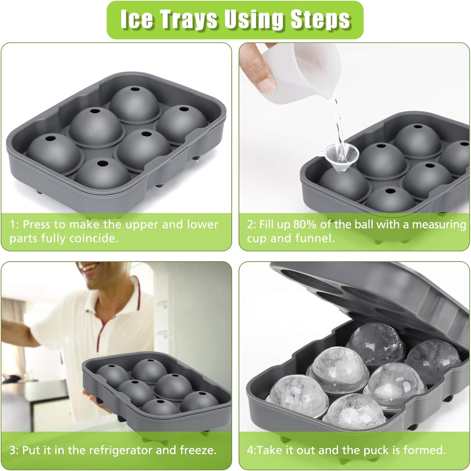 Ice Cube Tray, AiBast Ice Trays for Freezer With Lid, 3 Pack Silicone Large Round Ice Cube Tray, Sphere Square Honeycomb Ice Trays for Whiskey With Covers&Funnel, Reusable Whiskey Ice Ball Mold Grey: Kitchen & Dining