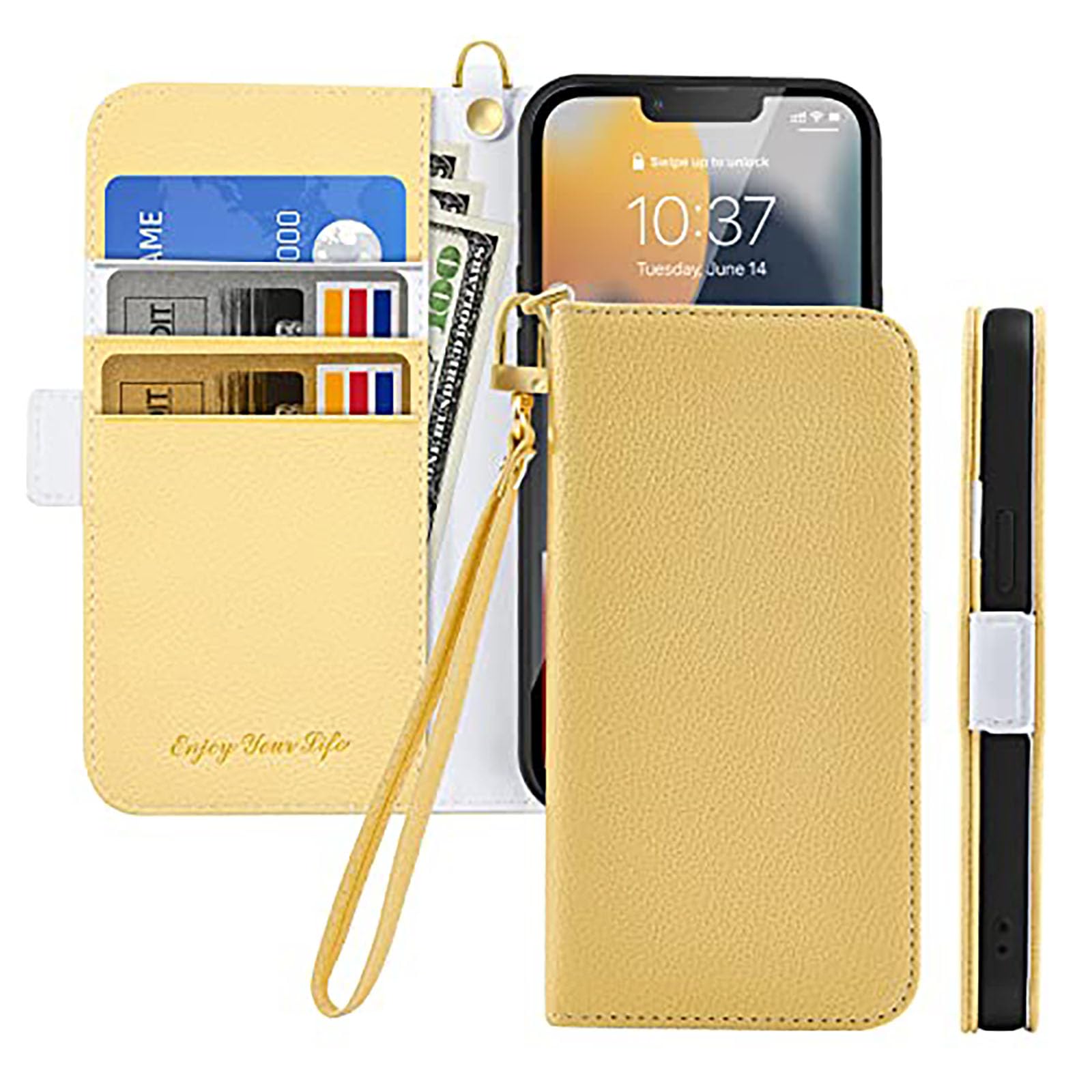 Nbziyoo Phone Case for iPhone X/XS, Folding Faux Leather Lychee Pattern Wallet Flip Cover with Card Holder,Wrist Strap,Magnetic Closure Shockproof Kickstand Phone Case.(Yellow)