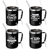 Uiifan 4 Sets Thank You Gifts for Coach Christmas 16 oz Coach Cup with Handle Straw Lid Straw Brush Stainless Steel Insulated Sports Team Coffee Mug for Xmas Appreciation Retirement Gift(Black)
