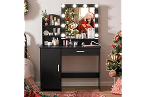Quimoo Vanity Desk with Mirror and Lights,Makeup Vanity with Lights & Charging Station, Vanity Table Set with Drawer & Height-Adjustable Cabinet, for Women Girls, Black