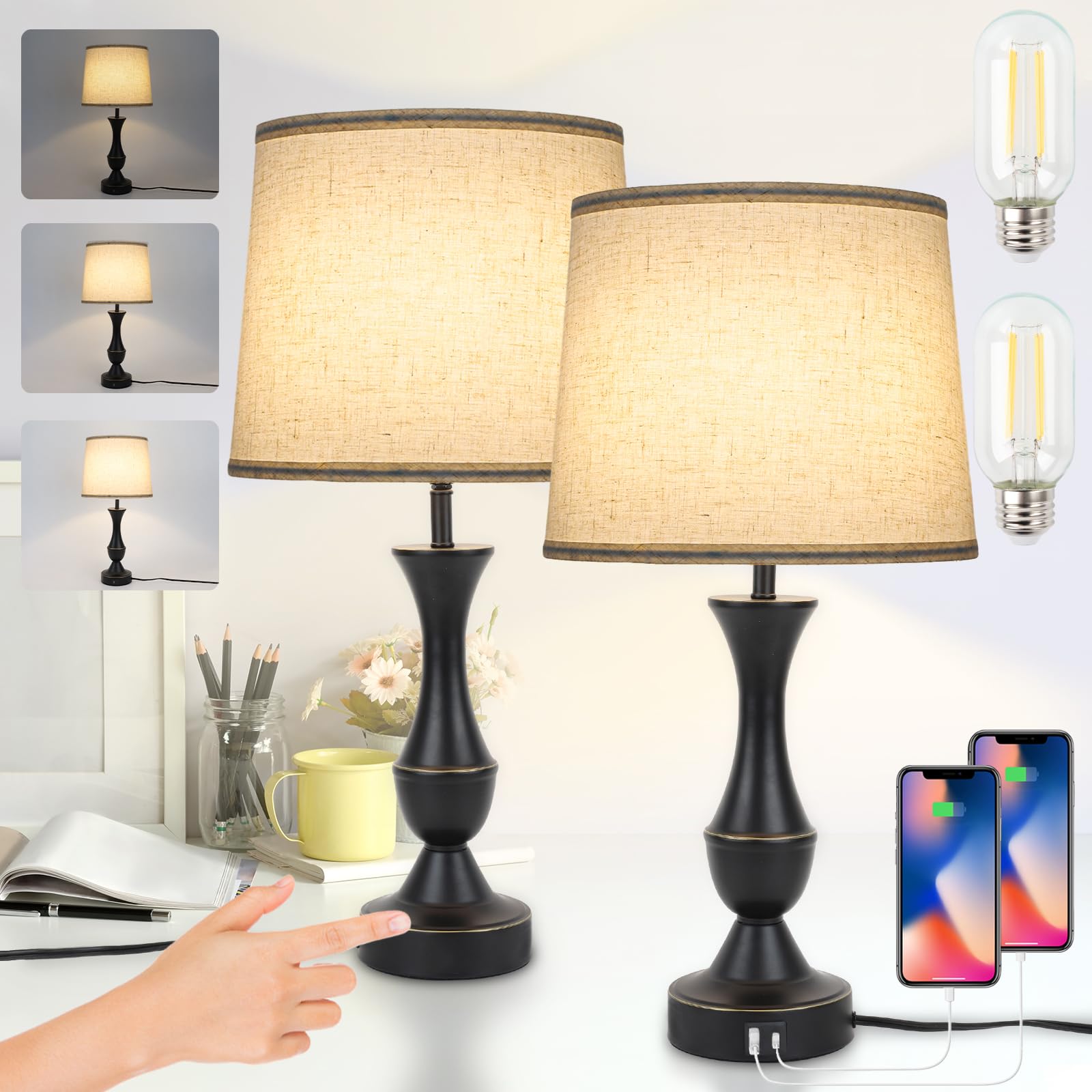 Photo 1 of *************MINOR DAMAGE TO LAMP SHADES***************
Touch Lamps for Bedrooms Set of 2, Farmhouse Table Lamp with USB C Charging Port, 3 Way Dimmable Nightstand Lamps with Linen Fabric Lampshade for Bedroom, Living Room (Pack2-Black)