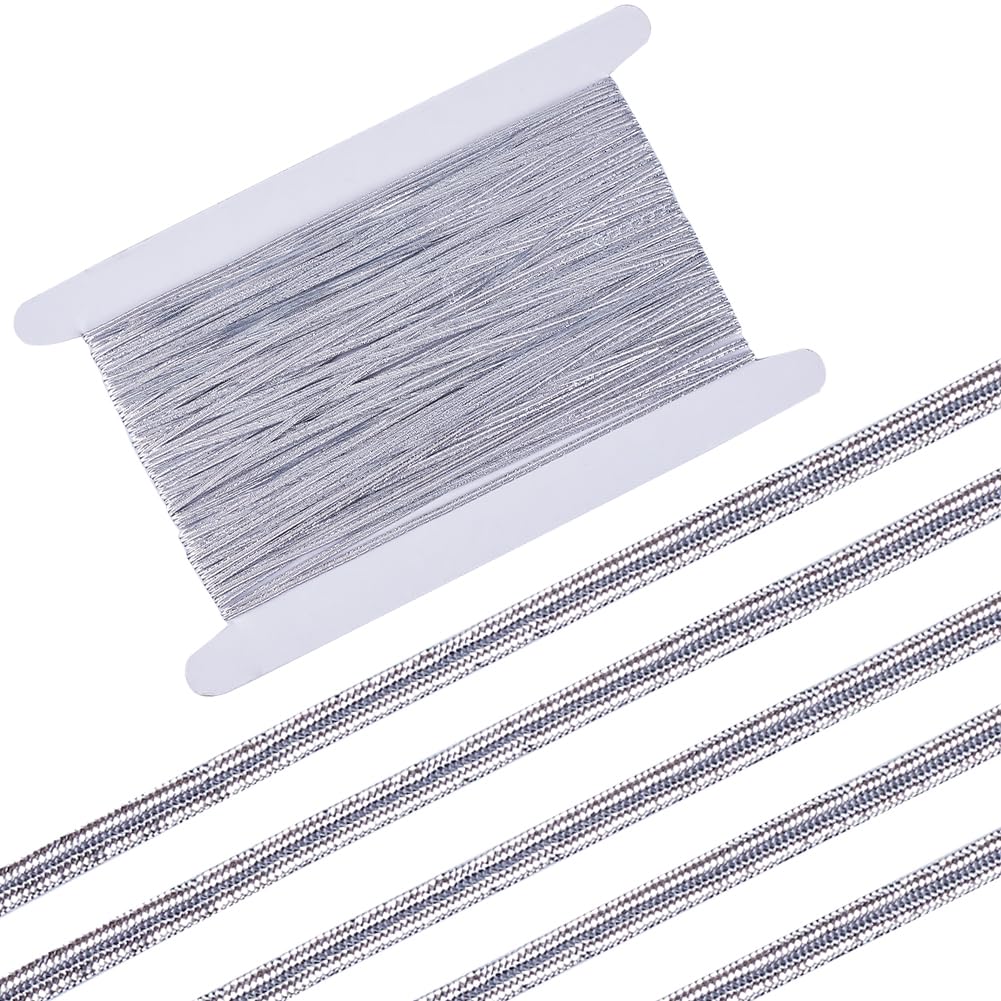 GORGECRAFT 48 Yards 3mm Flat Light Grey Elastic Band Glitter Metallic Elastic Cords Strip Braided Elasticity Knit String Ribbon Strap for Sewing Crafts Skirt Waistband Dress Making Clothing
