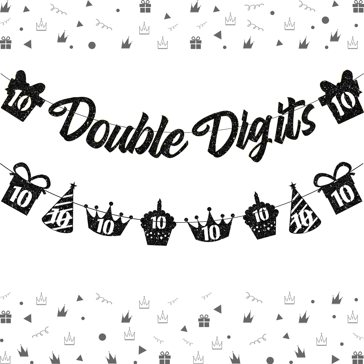 Double Digits Birthday Banner Boy 10 Year Old Birthday Sign Black Glitter Ten Years Old Banner Garland -10th Birthday Decorations for Boys