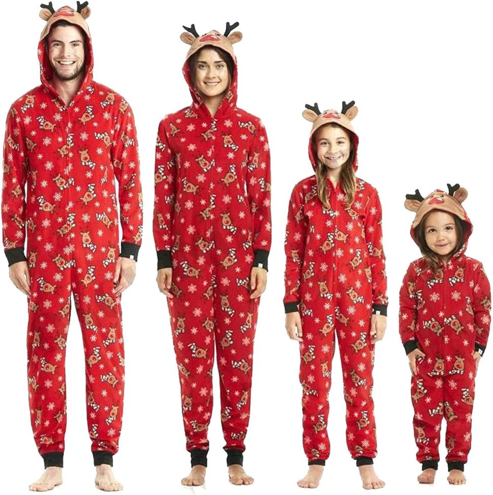 Family Matching Christmas Pajamas Set Onesies with Cute Reindeer Graphics Hooded