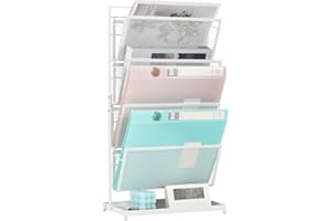 YBING File Organizer for Desk White Metal File Letter Paper Organizer Holder 4-Tier Magazine Rack Floor for Office Home, with 4 Mesh Detachable Storage Shelves