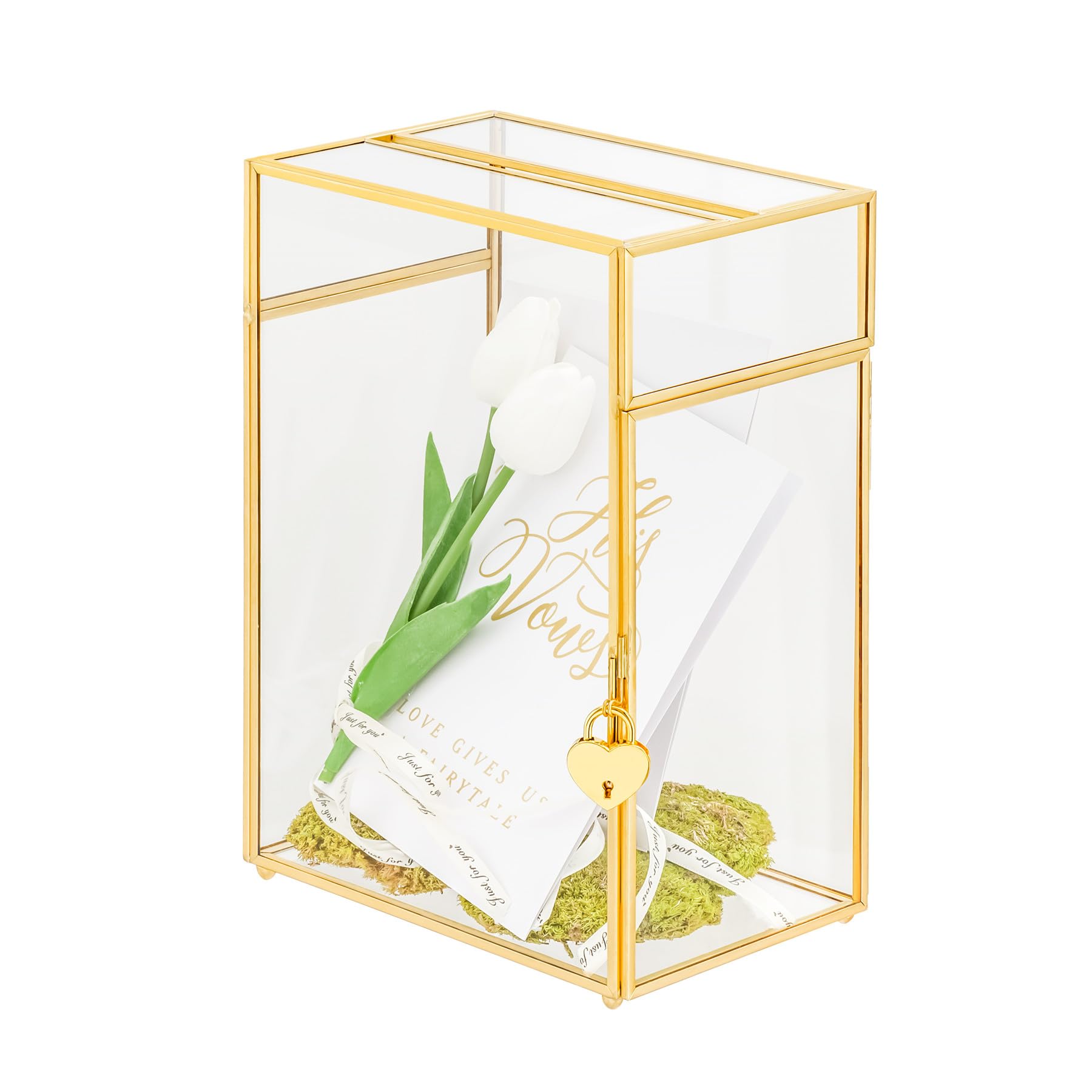 Photo 1 of NCYP Small Glass Cards Box with Slot and Lock for Wedding, 8" x 5.5" x 11.3" - Home Birthdays Party Tabletop Decor, Gold, Clear Envelopes Terrarium (Card Box Only)