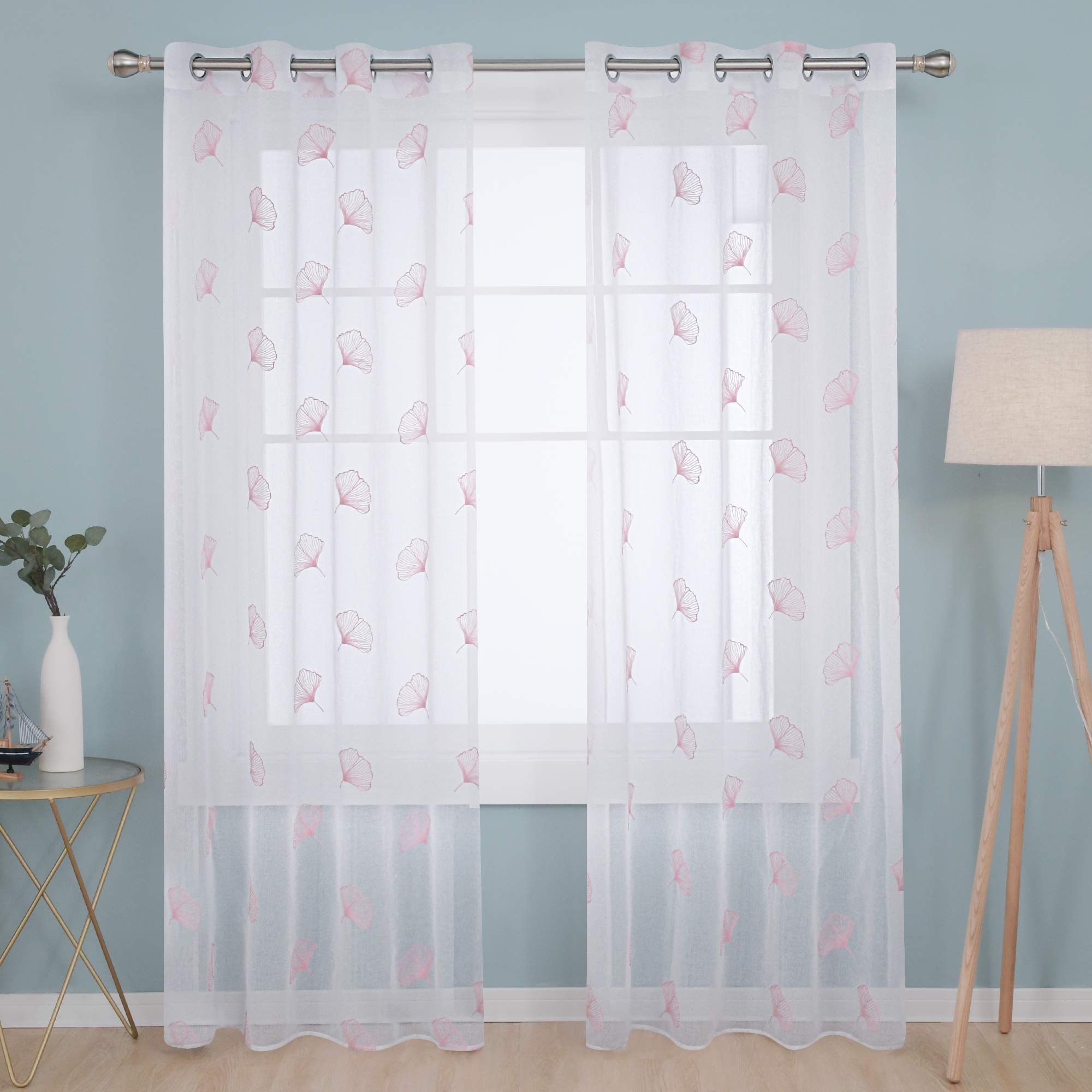 Deconovo Eyelets Sheer Curtains Linen Look Voile Curtains Super Soft Net Curtains for Bedroom 55 x 71 Inch Pink Two Panels