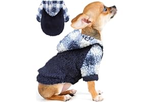 PINKBOW Plaid Dog Hoodie Fleece Dog Sweater for Small Dogs Girl Boy Winter Warm Puppy Clothes for Chihuahua Teacup Yorkie Soft Stretchy Tiny Outfits Cat Sweater Pet Clothing, Blue, Small