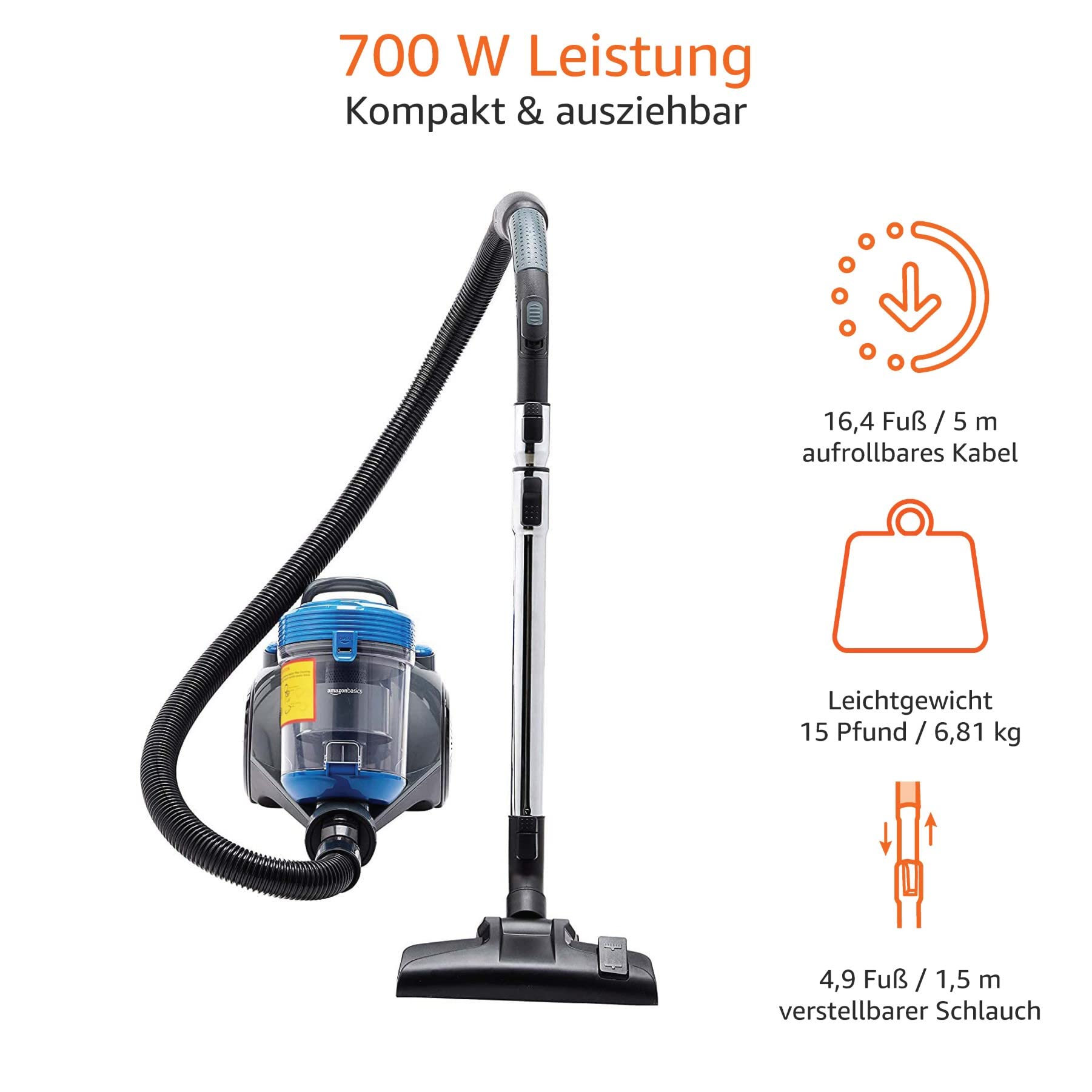 Amazon Basics Zylinder-Staubsauger, leistungsstark, kompakt und leicht, ohne Beutel, für Hart- und Teppichböden, HEPA-Filter, 700 W, 2.0 L, EU, Schwarz/Blau 6