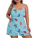 SOLY HUX Women's Plus Size Pajama Set Cute Cartoon Print Sleepwear Cami Top and Shorts Loungewear