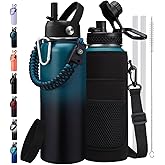 32/40/64/128 oz Insulated Water Bottle 40 oz, (Cold for 48H), Leak Proof Food-Grade Stainless Steel Water Jug With Auto Spout and Straw Lid, Portable Paracord Handle & Carrier Bag for Men Women Gym