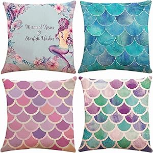 Set of 4 Mermaid Scales Decorative Throw Pillow Covers 18 x 18 Inch Double Side Design, ZUEXT Blue & Red Cotton Linen Cushion Case for Car Sofa Ocean Theme Brithday Party Bedroom Decor Kids Girls Gift