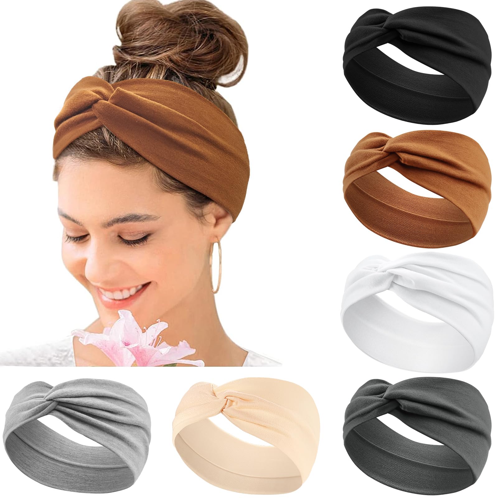 Women's Hair Bands Wide Elastic Soft 6 Pieces Summer Boho Headband Print Hair Accessories Yoga Sports Hairband Multicoloured Thin Headbands (F) — image 1