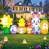 KOOY 8FT Long Easter Inflatable Bunny Outdoor Decorations with Egg Chick Carrot and Sunflower, Built-in LED Lights Easter Bunny Blow Up Yard Decoration for Lawn Garden Holiday Party