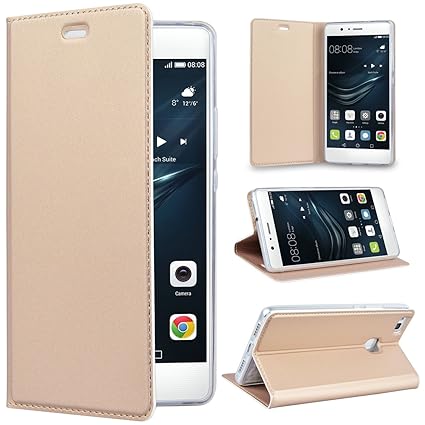 SMART LEGEND Lederhülle für Huawei P9 Lite Lederhülle Handyhülle Ledertasche Gold Schutzhülle PU Leder Flip Case Protective C